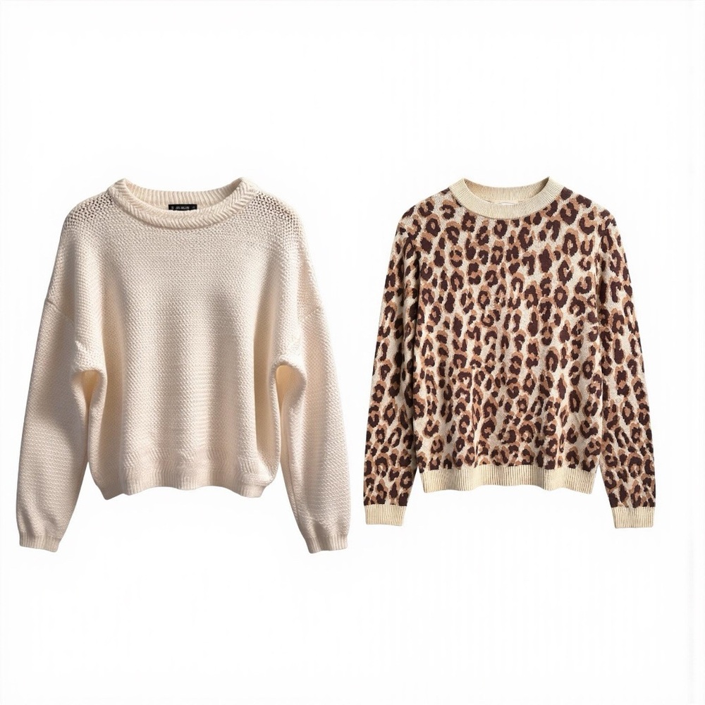 Bundle of 2 Women’s Crew Neck Sweaters -Leopard & White Size S/M